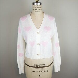 Moon & Madison Cream Cable Knit Button Front Cardigan Sweater w/Pink Hearts XS